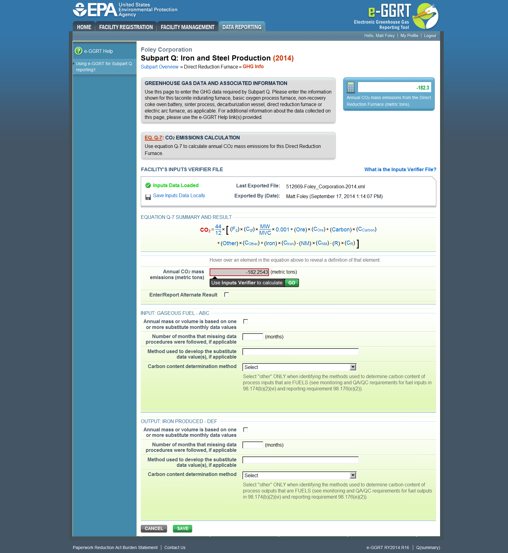 Image of the  Subpart Q "Equation Q-7: CO2 Emissions Calculation" page 